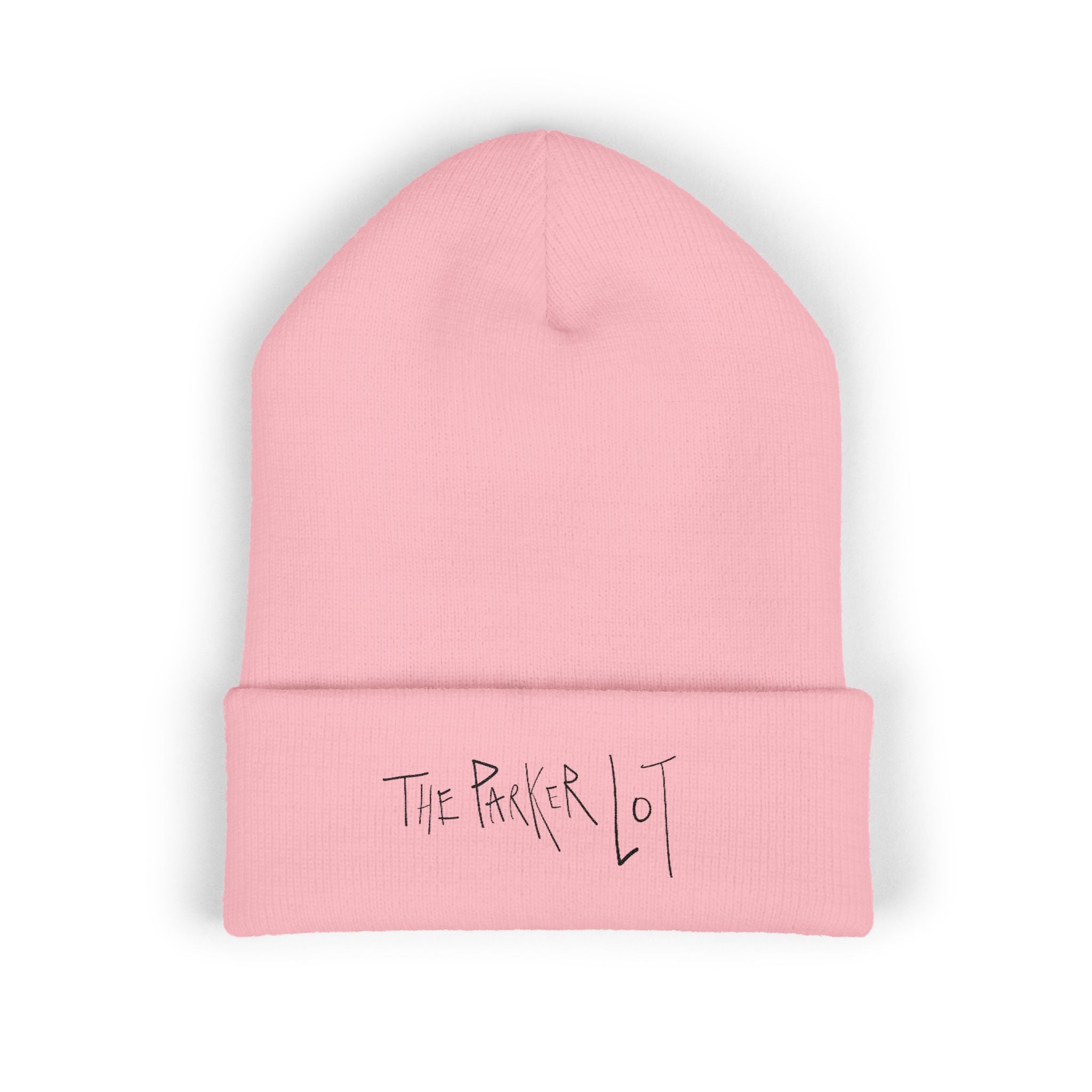 The Parker Lot classic logo Beanie.  Black font, white/yellow/pink hat