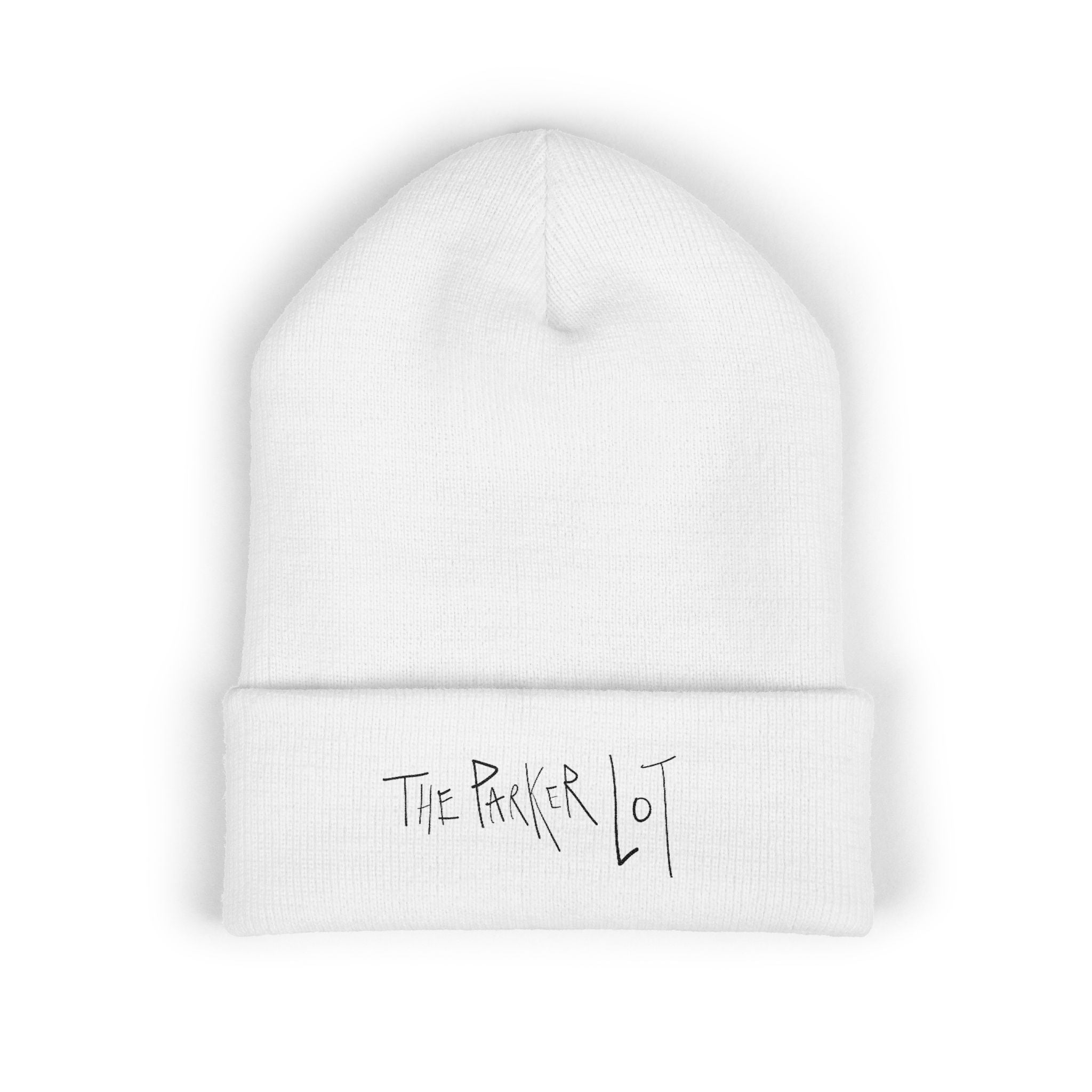 The Parker Lot classic logo Beanie.  Black font, white/yellow/pink hat