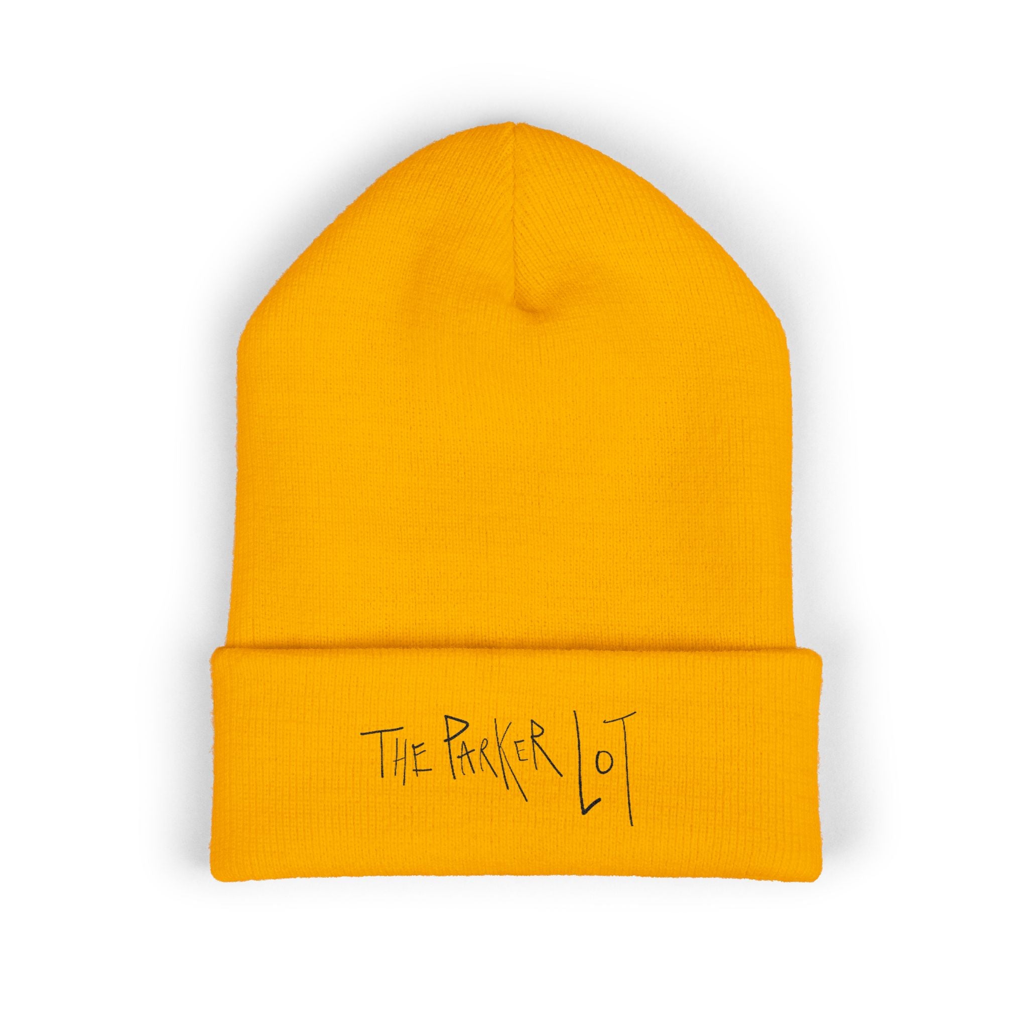 The Parker Lot classic logo Beanie.  Black font, white/yellow/pink hat